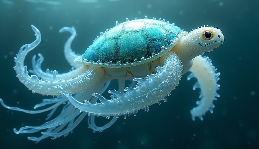 (best quality, masterpiece, ultra detailed, ultra high res, photorealistic, raw photo, absurdres, absolutely resolution), Fictional creature that combines "jellyfish" and "turtle": "Kurame", Kurame has a transparent jellyfish-like body and a hard turtle-like shell on its back. The shell is blue-green and can shine iridescently depending on the angle of the light. Its tentacles are long and covered with fine cilia, with tiny poisonous needles at the end. The tentacles are usually spread around the body and quickly extend when capturing prey. Its face resembles a turtle's, with small black eyes and a short nose. Its mouth is small and adapted to prey on plankton and small fish. Its entire body is translucent and barely noticeable in the ocean.