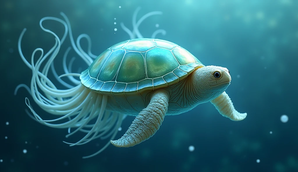 (best quality, masterpiece, ultra detailed, ultra high res, photorealistic, raw photo, absurdres, absolutely resolution), Fictional creature that combines "jellyfish" and "turtle": "Kurame", Kurame has a transparent jellyfish-like body and a hard turtle-like shell on its back. The shell is blue-green and can shine iridescently depending on the angle of the light. Its tentacles are long and covered with fine cilia, with tiny poisonous needles at the end. The tentacles are usually spread around the body and quickly extend when capturing prey. Its face resembles a turtle's, with small black eyes and a short nose. Its mouth is small and adapted to prey on plankton and small fish. Its entire body is translucent and barely noticeable in the ocean.