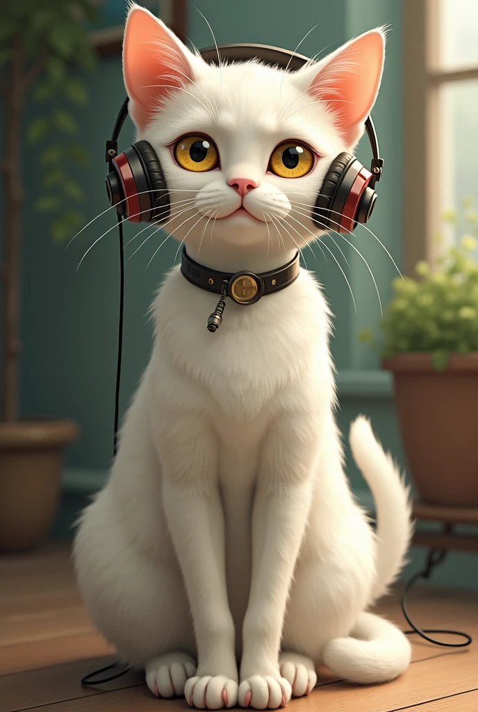 A white cat wearing headphones。has a bit of brown mixed in its fur。The nose is pink。Cool impression。Eye color: yellow。Painterly。Old cat。Ghibli style。Slender body。