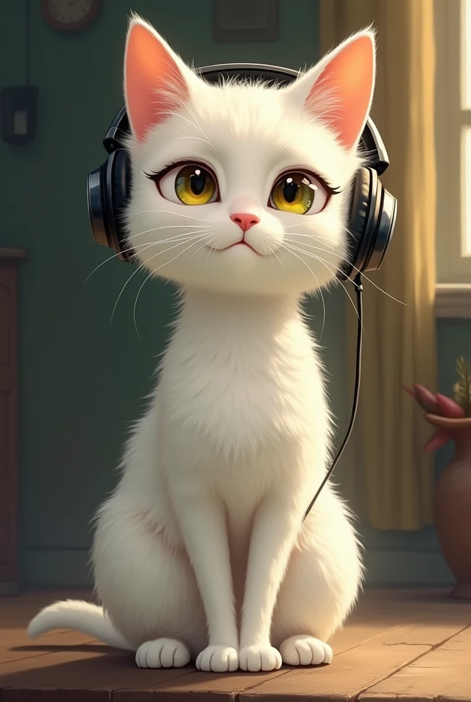 A white cat wearing headphones。has a bit of brown mixed in its fur。The nose is pink。Cool impression。Eye color: yellow。Painterly。Old cat。Ghibli style。Slender body。