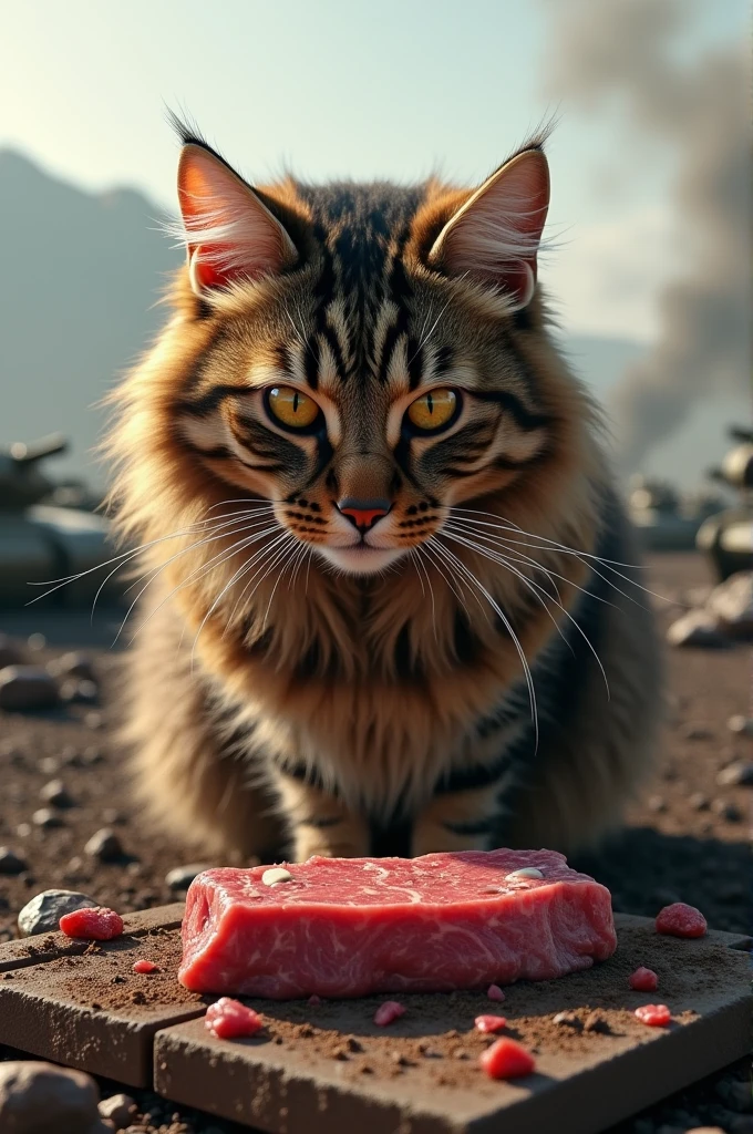 Long-haired brown tabby cat staring at beef steak,The background is a battlefield with tanks.