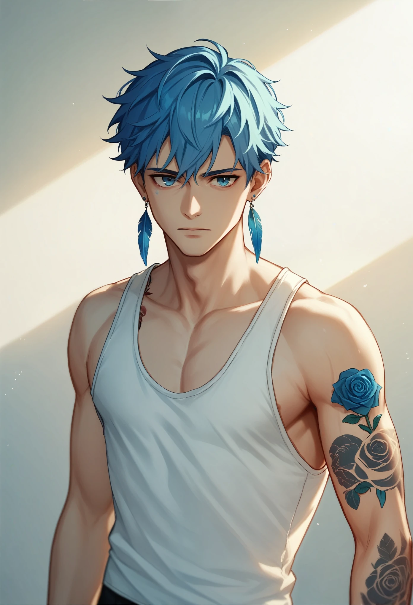 Best_QualityPos, RAW photo, intricate details, best quality, 8k uhd, soft lighting, 1boy, Medium blue hair, white tank top, arm with a rose tattoo, and a feather earring