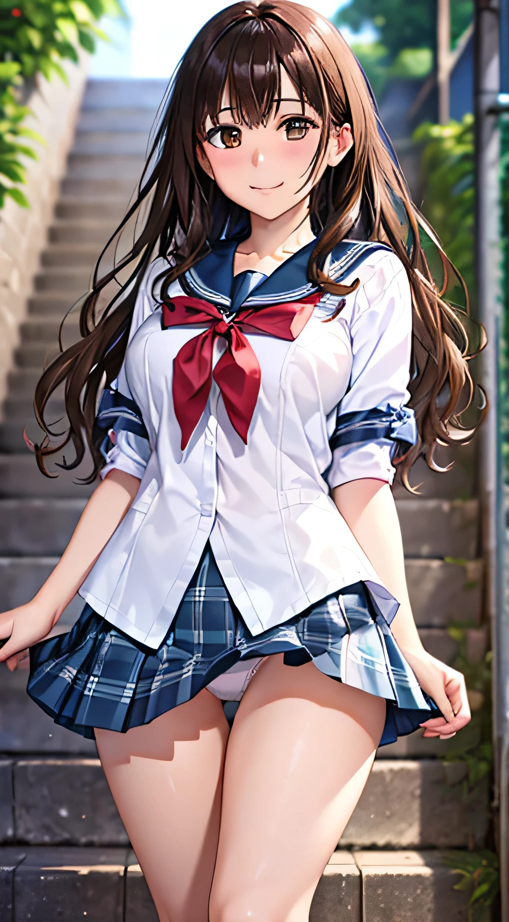 ((Tabletop, Highest quality, High resolution, , Pixel Perfect, 4K,))), 2 women, 、The whole body is visible、 ((Long Wavy Hair, bangs, Brown Hair)), ((Brown eyes, Beautiful eyelashes, Realistic eyes)), ((Detailed face, blush:1.2)), ((Smooth texture:0.75, Realistic texture:0.65, Realistic:1.1, Anime CG style)), Big Breasts, Dynamic Angle, Perfect body, (( , , Schoolgirl uniform、Sailor suit、White shirt、Pleated skirt、 、、Floral lace panties 、)), On the way up the stairs、Big staircase in the city、、、Very embarrassing panic smile, 、、The gesture of holding the skirt with your hand、、、、、、 、Angle from below)、