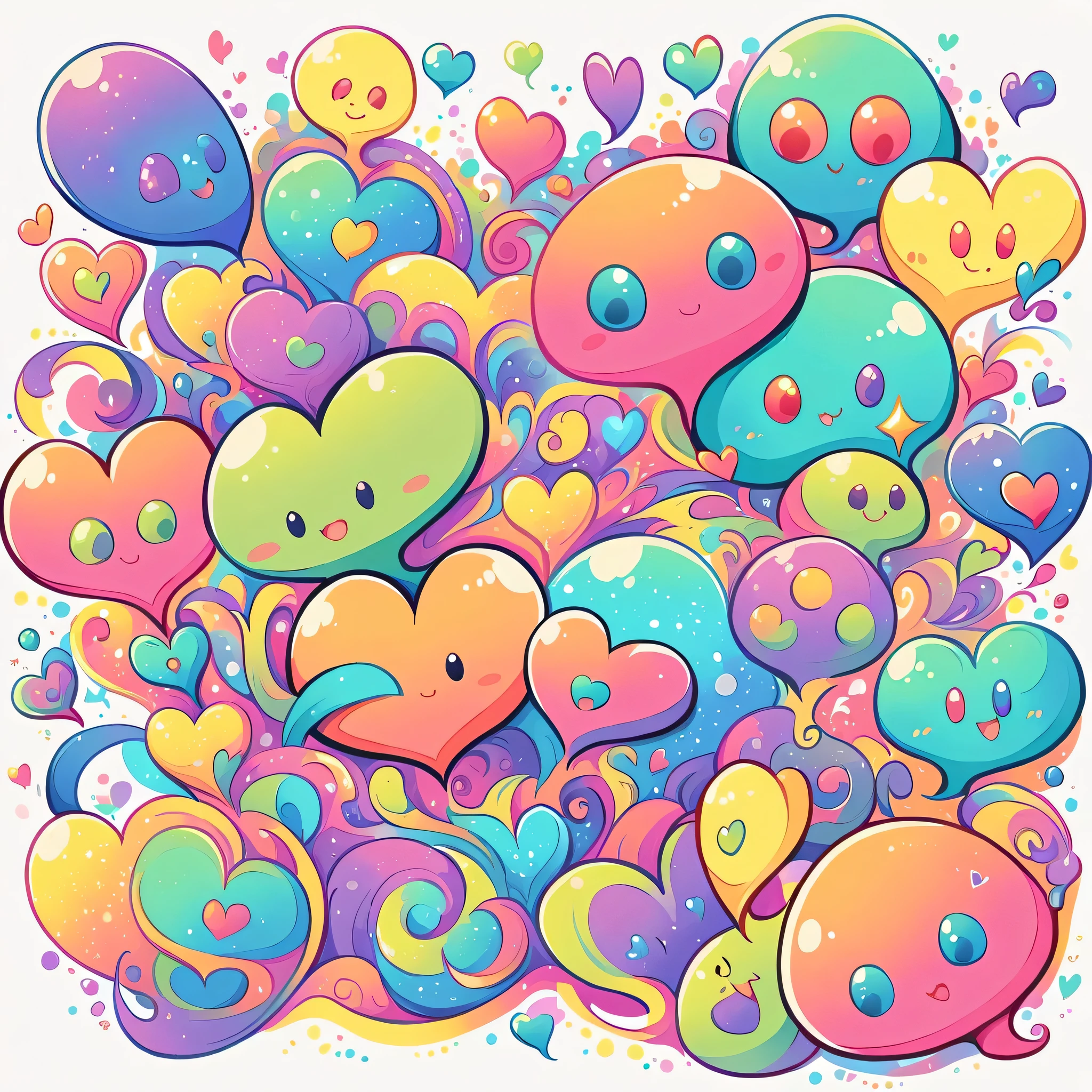 Seizo Watase style, Simple Line Initialism,Abstract art,No Background, colorful hearts ,Cute Aliens
