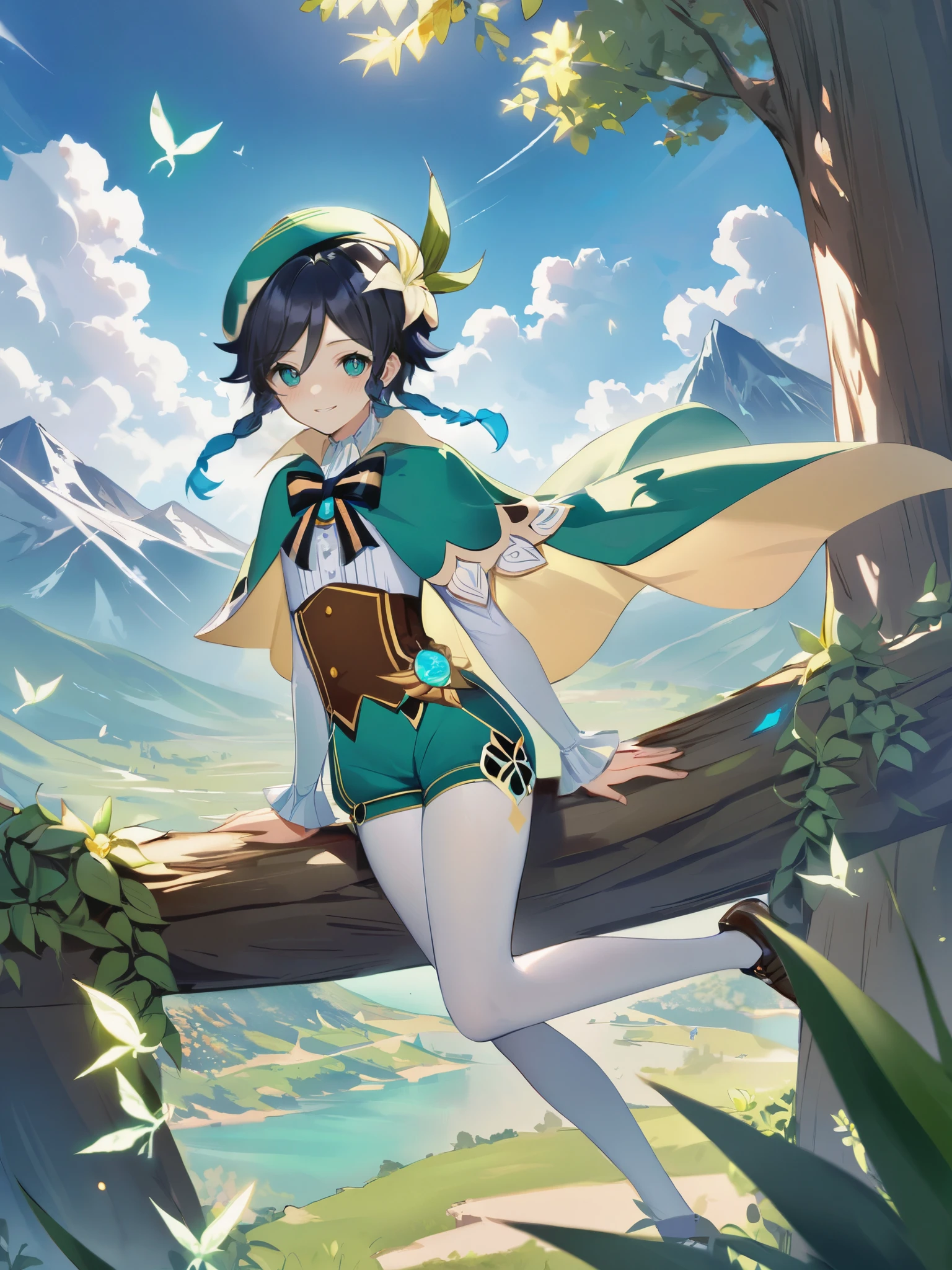 Mihoyo splash art, 1boy, venti_\(genshin_impact\), dsmile:.5, soft pastel, best quality, absurdres, very aesthetic, flat chest, beautiful bluegreen gradient eyes, shorts, white pantyhose, cape, hat, feathers, clouds, crystalflies, mountains in background, large tree, vines, long lashes, full body,realistic:.2,clean smooth lines,professional,trending on artstation,highres