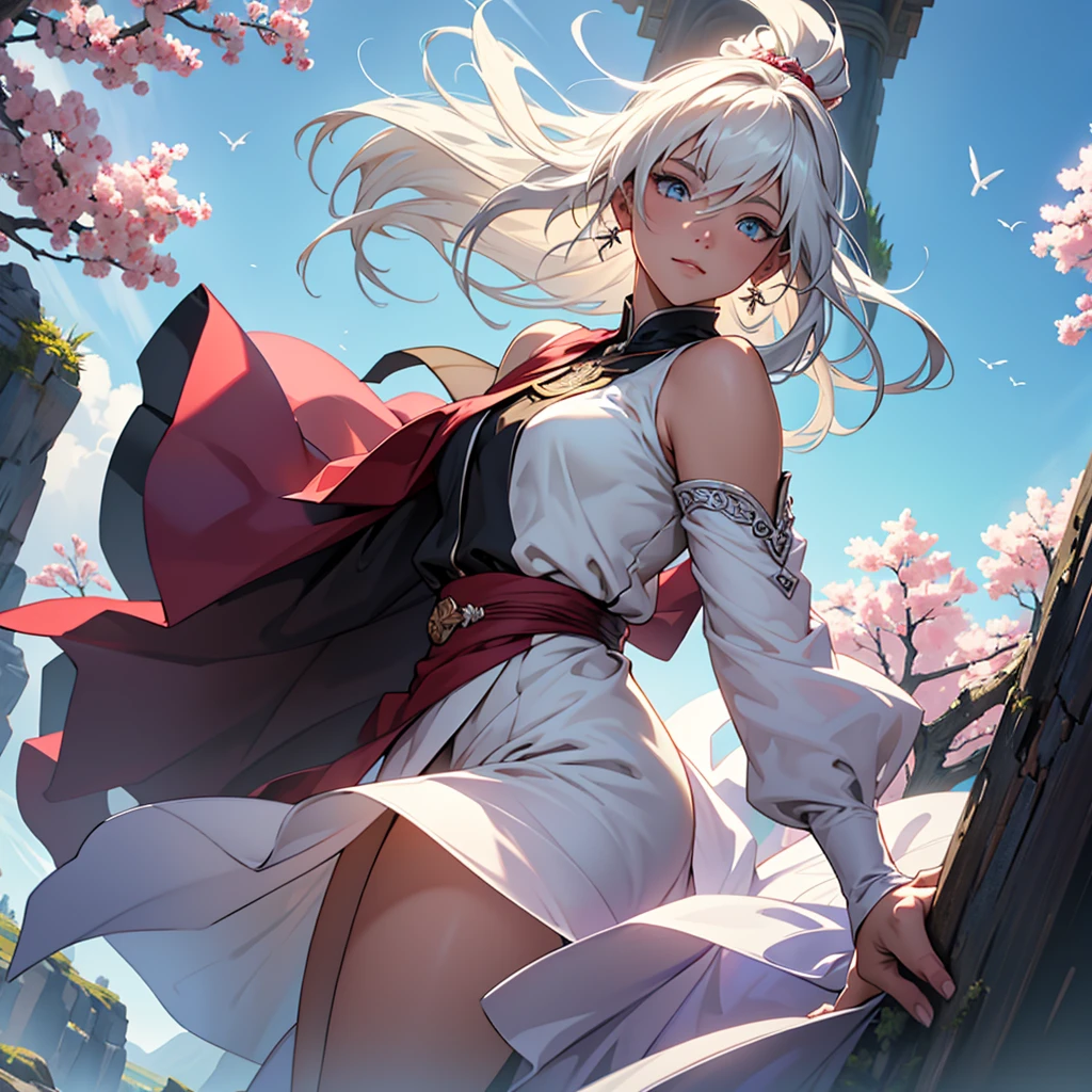 {{{Masterpiece}, }}, {Very detailed CG unity 8k wallpaper.}, miraculous, exquisite details, alone, {{floating hair}, }, {{Sakura}, }, outdoor, sky, {{wind}, }, Detailed background, Beautifully detailed eyes, see through:evening dress:0.3, rift, bright student, {{full body}, }, dynamic gesture, Dynamic angle, rift, look at viewer, detailed clothing, movie light, close up, best quality,male student,