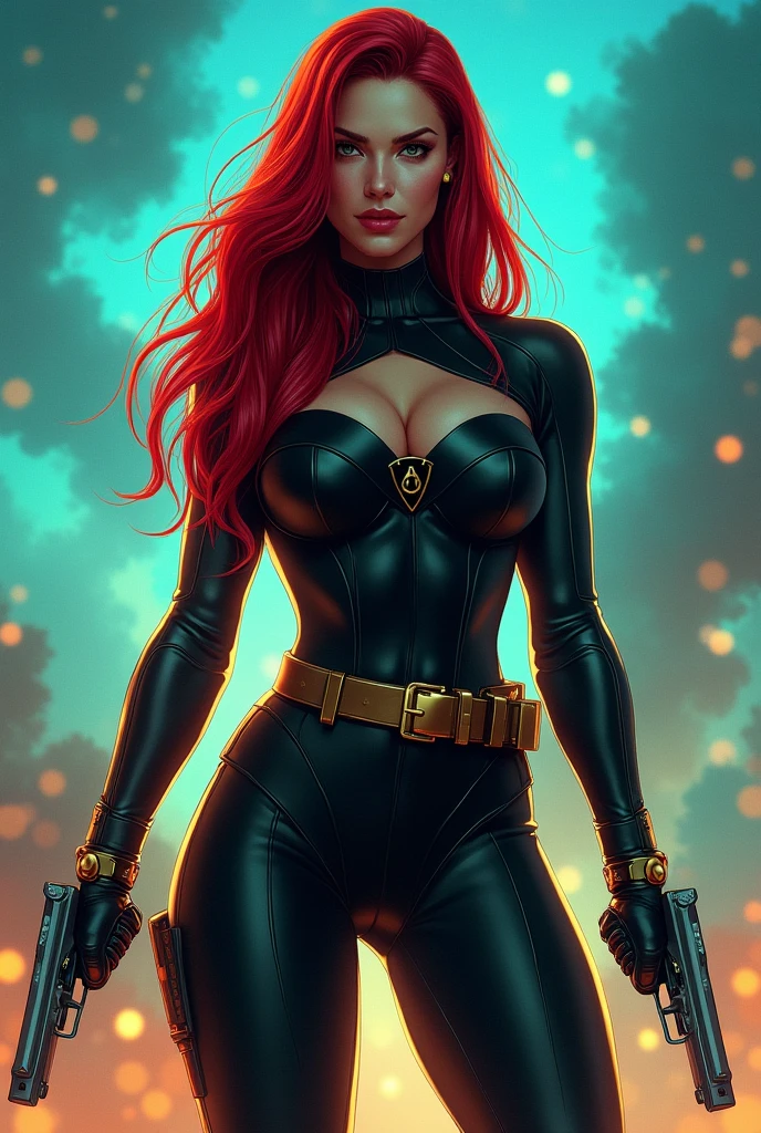 In this captivating image, the central female character (Penélope Cruz, beautiful face) exudes confidence and authority, her long straight red hair a vibrant contrast to the sleek black suit with gold accents, complete with gloves and boots that evoke a sense of uniformity. Her hands firmly grasp two pistols, their metallic surfaces and grips gleaming in the light as she surveys the dynamic background with a determined gaze. The explosion of colors behind her, featuring blues and greens, adds to the overall sense of energy and action, evoking the world of comic books or video games where she takes center stage as a powerful superhero, , retina, accurate, masterpiece, super detail, high details, best quality, award winning, highres, HD, 4K, 8k, 16k, retina, accurate, masterpiece, anatomically correct, textured skin, super detail, high quality, award winning, highres, 8k, 16k