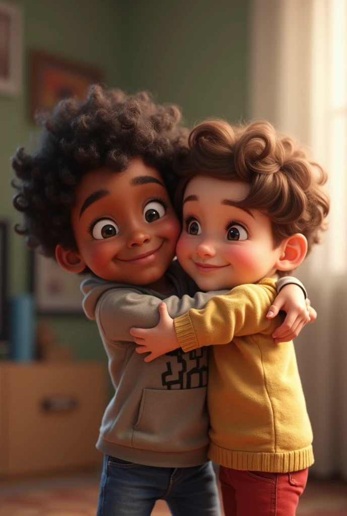 Um menino approximately 6 years old, they have brown skin, dark brown wavy hair, who likes video games, hugging a light brown curly haired person, approximately 6 years old, and they have white skin