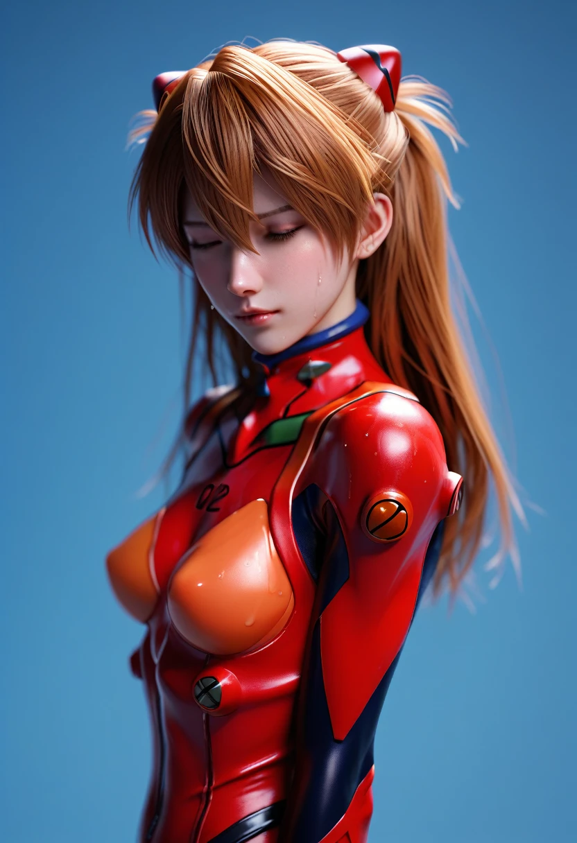 score_9, score_8_up, score_7_up, real - Live - action adaptation of a 3d character of Asuka Langley Soryu in plugsuit, charming face, NeonGenesis Evangelion cool expression, sweat, wishful