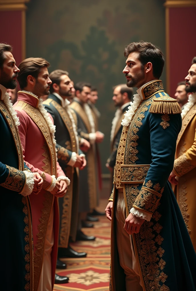 Men amazed by 18th-century clothing