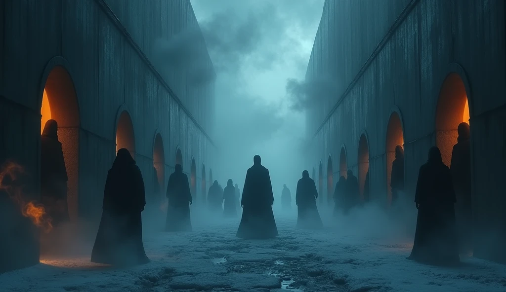 silhouettes of mysterious beings walls in dark blue tones orange smoke looking like a ghost from the past haunting the icy landscape