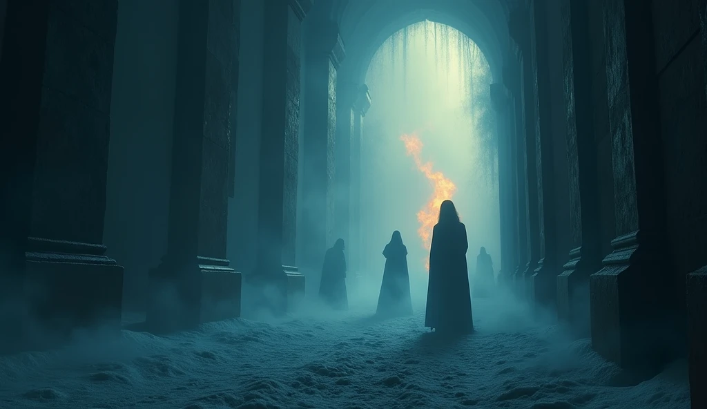silhouettes of mysterious beings walls in dark blue tones orange smoke looking like a ghost from the past haunting the icy landscape