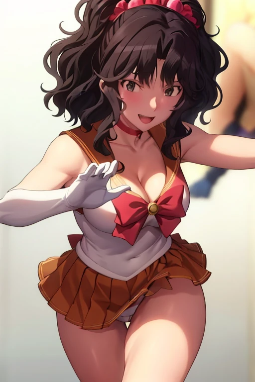 masterpiece, high definition, best quality, rendered art, well formed hands, fingers and body, 1 woman, solo, Kaoru Tanamachi, 31 years old, adult, grown up, wearing Sailor Moon's outfit, large and big breasted, cleavage, full body, sexy sailor senshi uniform, short blue skirt, panties peek, lifted skirt, red boots, gorgeous hips, sexy and bare legs and thighs,,white elbow gloves, sailor collar, tiara, earrings,fighting in a combat match, showing her fighting skills, making her guard, about to hit the viewer, looking at the viewer, panties peek, sweating, bouncing breasts, smiling joyfully and brightly, seductive face, being confident and proud, action and fighting scene, martial arts tournament on the beach