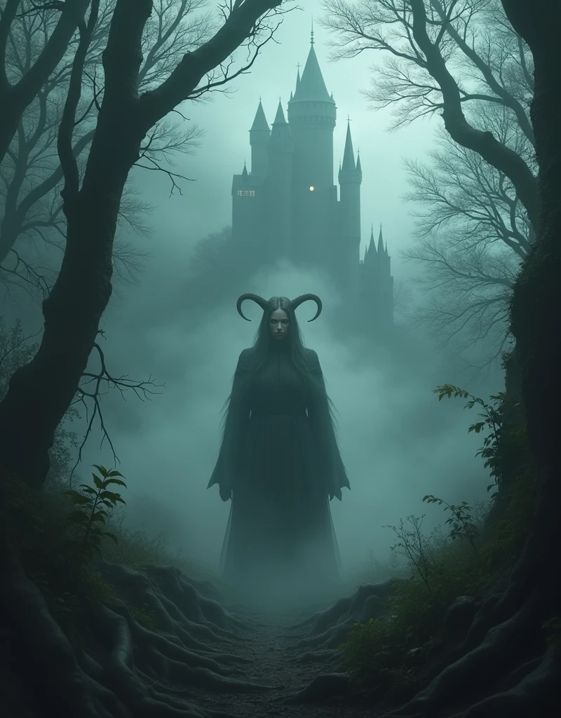 A mysterious and alluring forest shrouded in thick fog、A glimpse of a female demon looking this way can be faintly seen deep within the forest.、Gothic castle in the background、Highly detailed and realistic cinematic lighting、Dramatic atmosphere、Moody colors、Intricate details、Painterly style