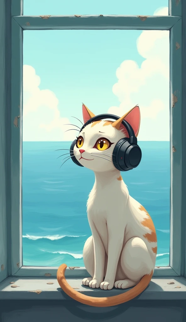 A white cat wearing headphones。has a bit of brown mixed in its fur。The nose is pink。Cool impression。Eye color: yellow。Painterly。Old cat。Ghibli style。Slender body。Looking at the sea from the windowsill。
