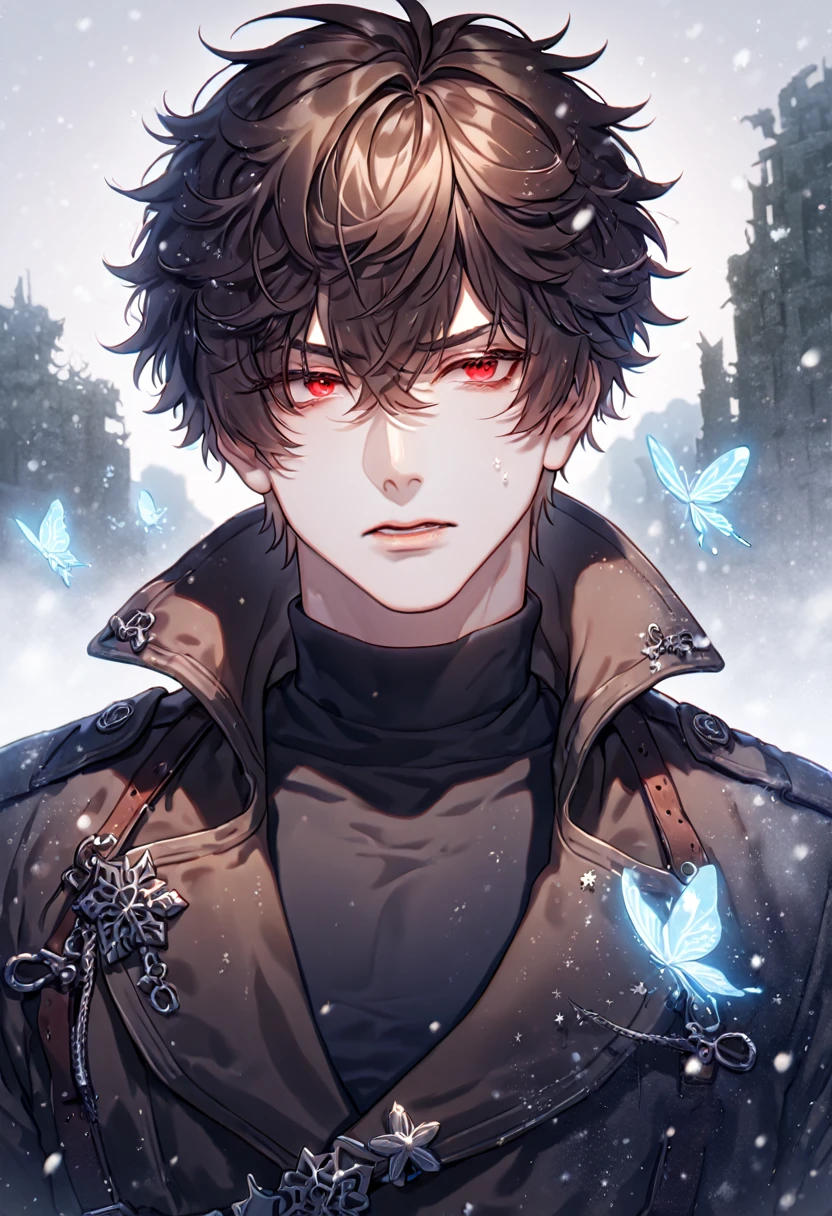 absurdres, highres, ultra detailed, HDR, master piece, best quality, extremely detailed face, delicated features, Jiu Qin, dark brown hair that parts just above his left eye, messy hair, expressive red eyes, Quanqiu Gaokao, solo, sexy man, handsome, sensual, manly man, black trench coat, black tight turtleneck shirt, black gloves, belts, destroyed city, ruins, post apocalyptic scenery, snow, snowflakes, ice butterflies, snowing