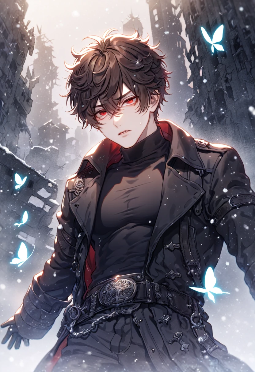 absurdres, highres, ultra detailed, HDR, master piece, best quality, extremely detailed face, delicated features, Jiu Qin, dark brown hair that parts just above his left eye, messy hair, expressive red eyes, Quanqiu Gaokao, solo, sexy man, handsome, sensual, manly man, black trench coat, black tight turtleneck shirt, black gloves, belts, destroyed city, ruins, post apocalyptic scenery, snow, snowflakes, ice butterflies, snowing