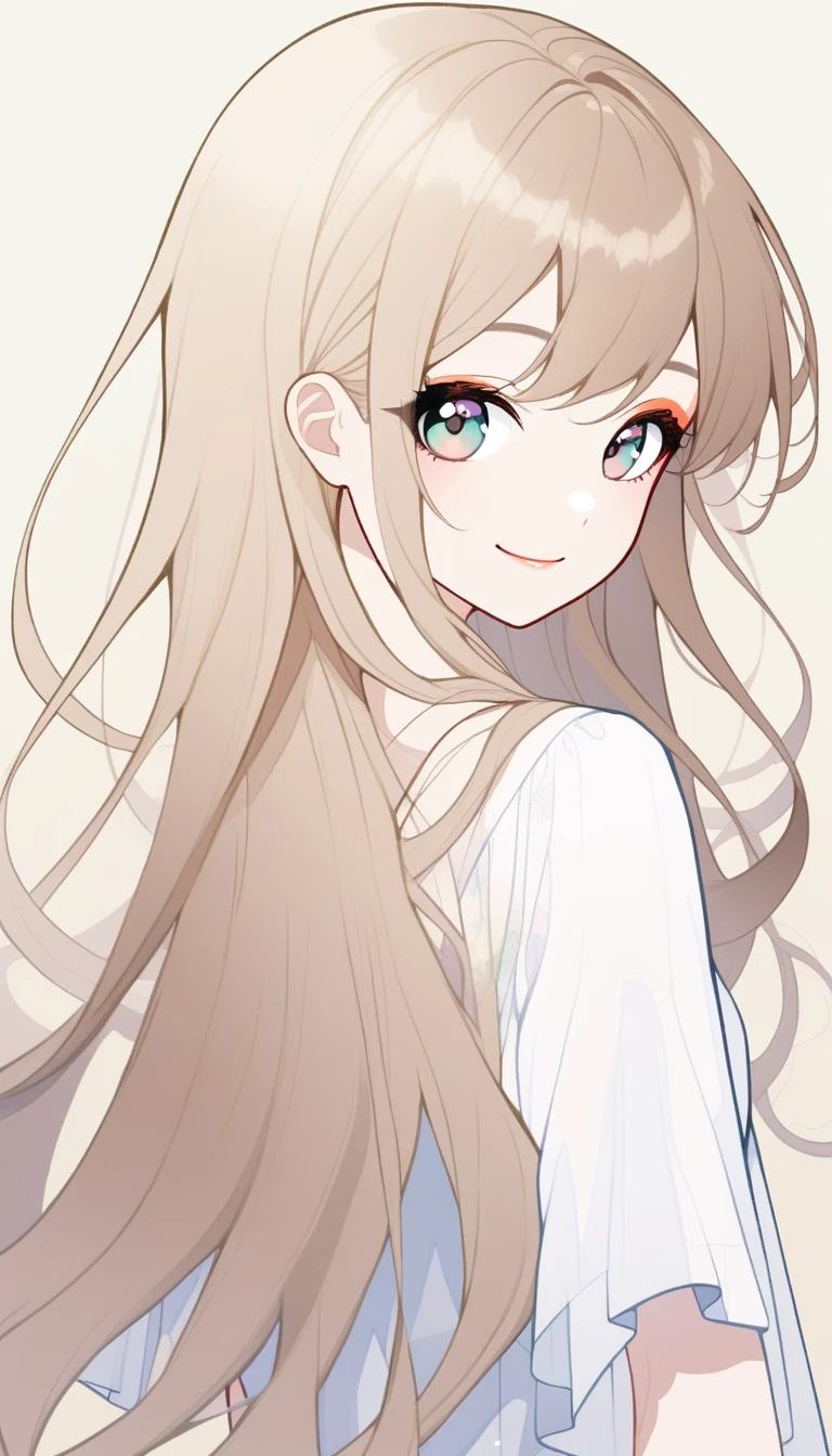 Flat Design,（upper body）,1girl, natural makeup, smile, long hair ,light brown hair, white blouse, look back,　looking at viewer, pastel background