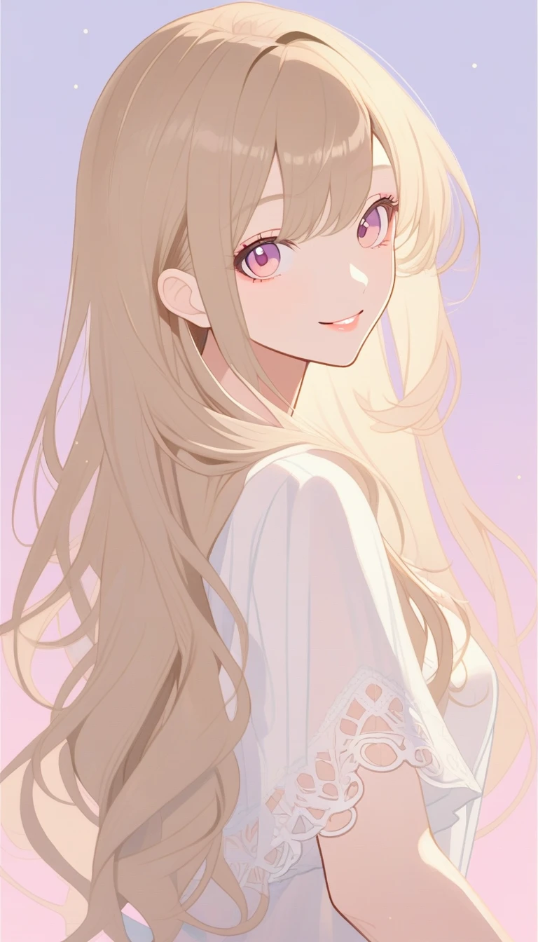 Flat Design,（upper body）,1girl, natural makeup, smile, long hair ,light brown hair, white blouse, look back,　looking at viewer, pastel background