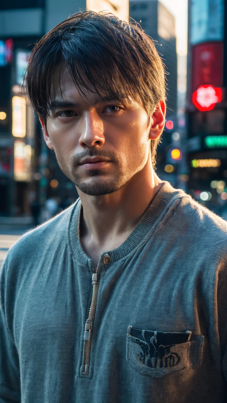 Photorealsitic, 8K full body portrait, a handsome, harming expression, detailed face details, TOKYOcty, Shibuya in the background. (masterpiece, photorealistic, raw,:1.4), (extremely complex:1.2), close-up, cinematic light, side lighting, ultra high resolution, best shadow, RAW, upper body, color photo. clear eyes