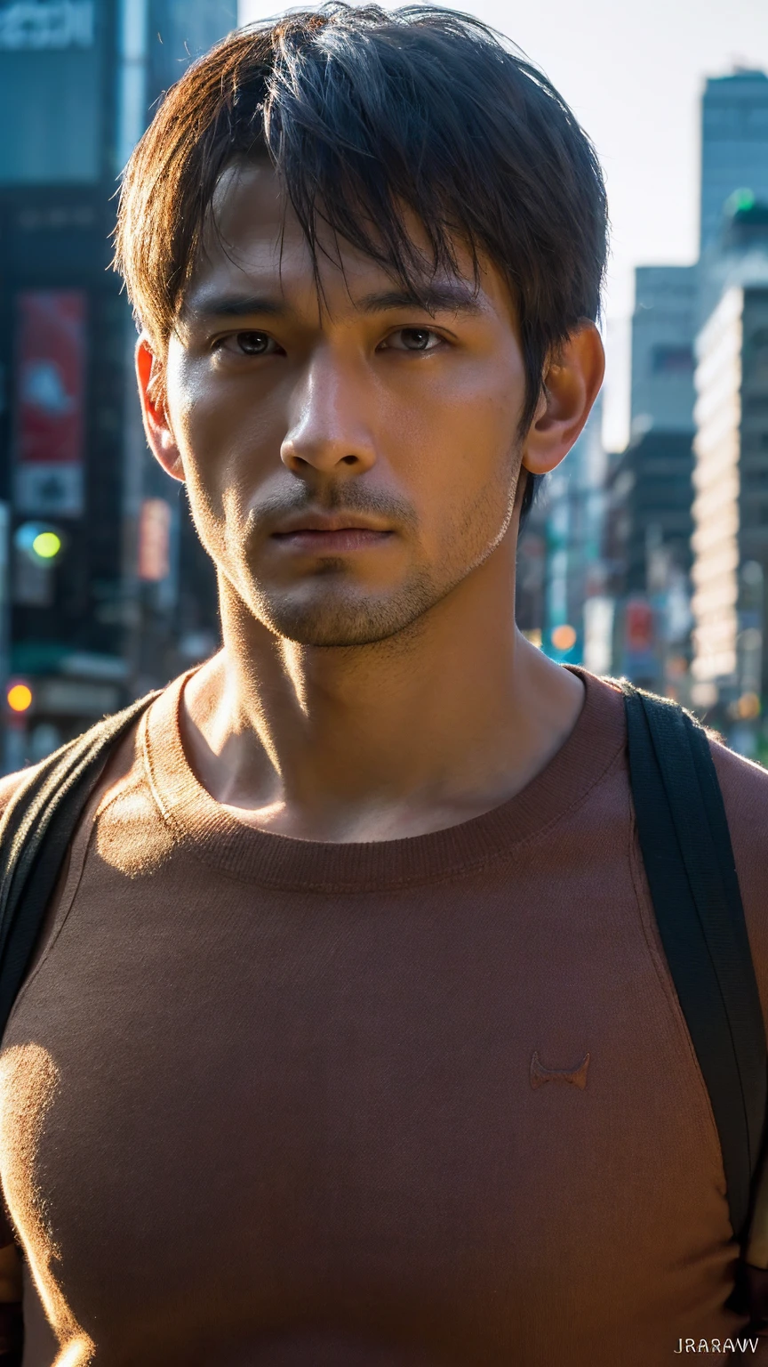Photorealsitic, 8K full body portrait, a handsome, harming expression, detailed face details, TOKYOcty, Shibuya in the background. (masterpiece, photorealistic, raw,:1.4), (extremely complex:1.2), close-up, cinematic light, side lighting, ultra high resolution, best shadow, RAW, upper body, color photo. clear eyes