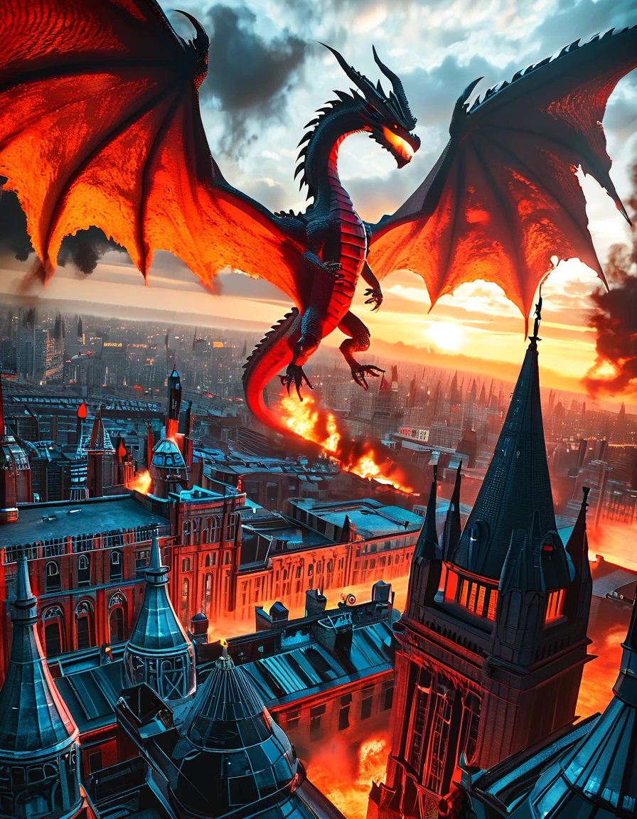 Dramatic fantasy scene featuring a large, menacing dragon with dark, scaly skin and massive, outstretched wings. The dragon is flying over a burning city, with flames and smoke rising from the buildings below. The background is dominated by a dark, cloudy sky with a bright, fiery glow near the horizon, suggesting a setting sun or intense fire. The cityscape includes gothic-style architecture with tall spires and intricate details. The overall color palette is dark and ominous, with deep reds, oranges, and blacks creating a sense of destruction and chaos. super detail, high details, highres, 4K