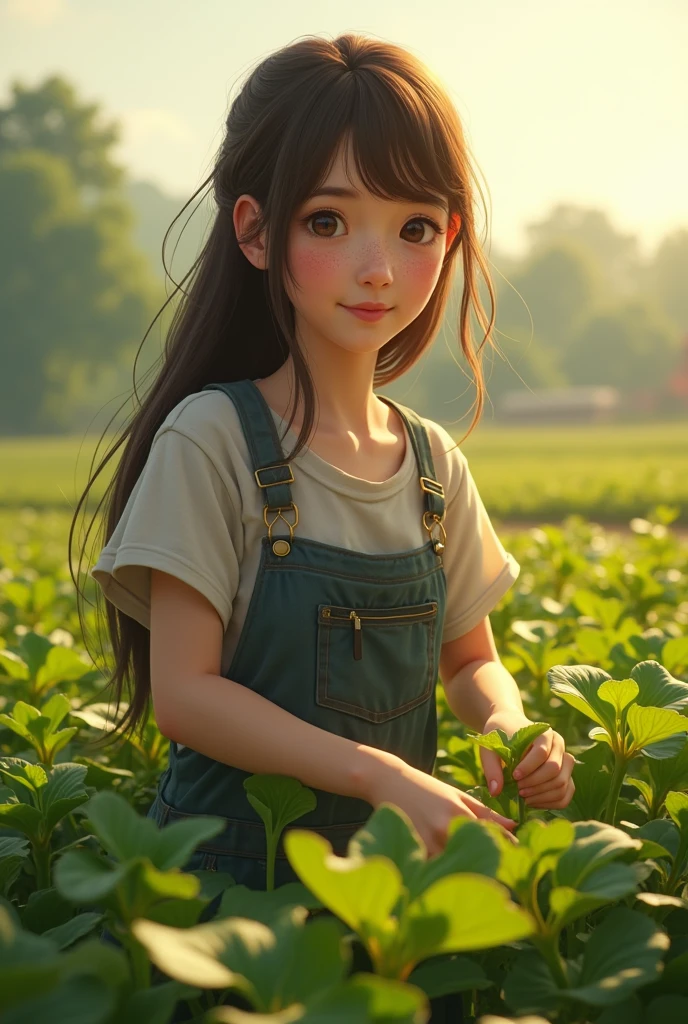 Image of a 26-year-old girl with long straight dark brown hair, white skin with some freckles, working in the field.