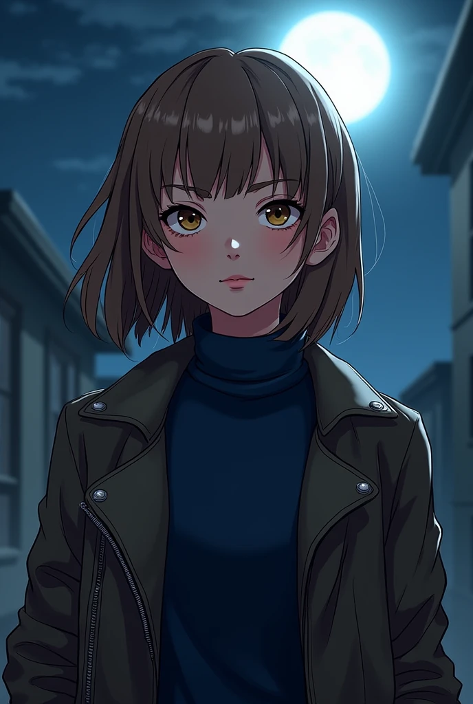 Young Brazilian human fascinated by Greek mythology and supernatural creatures, deep connection with the dark forces of the night, A horror RPG, mystery and investigation set in modern times, the basic image, occultist, cabelo médio longo de bangss, bangss, light brown hair color, very fair skin, at night with the moon, wearing a navy blue long sleeve turtleneck shirt, leather jacket, outgoing, ARTe Realistic Cartoon, uncanny, Paranormal order Cellbit, rounded face, rpg paranormal order