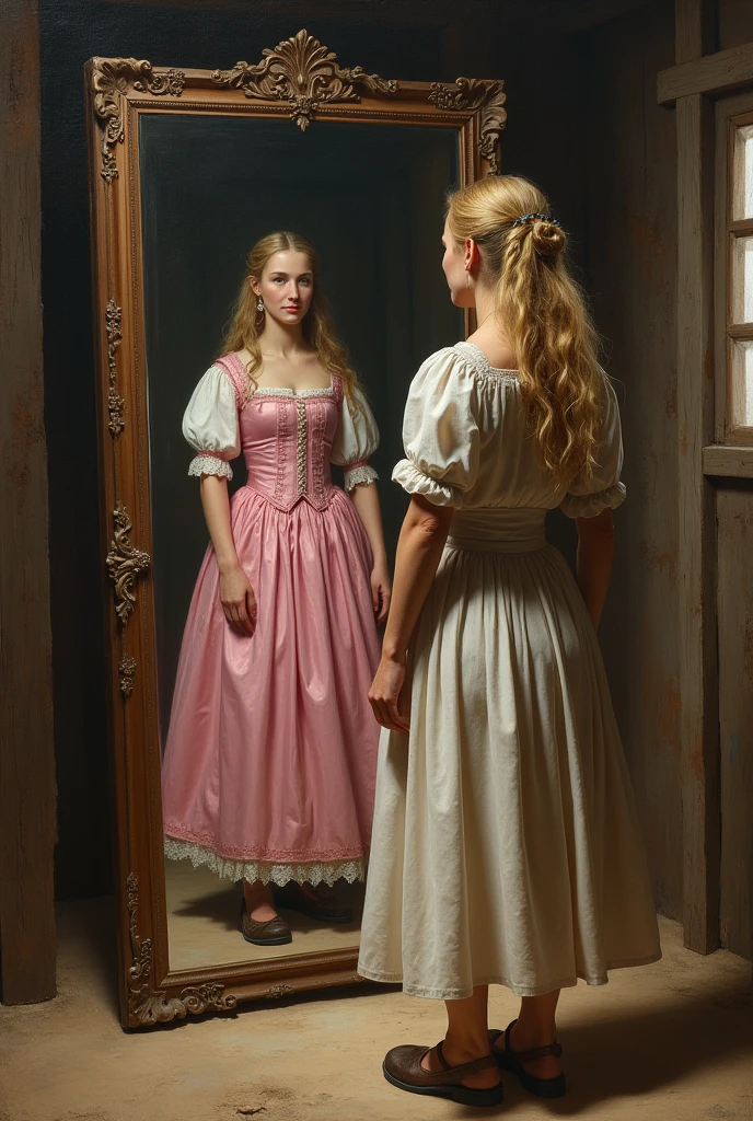 Create a  of  from the medieval era dress like a peasant looking at themself in the mirror, Reflecting her image in the mirror, a blonde princess wears a pink dress...