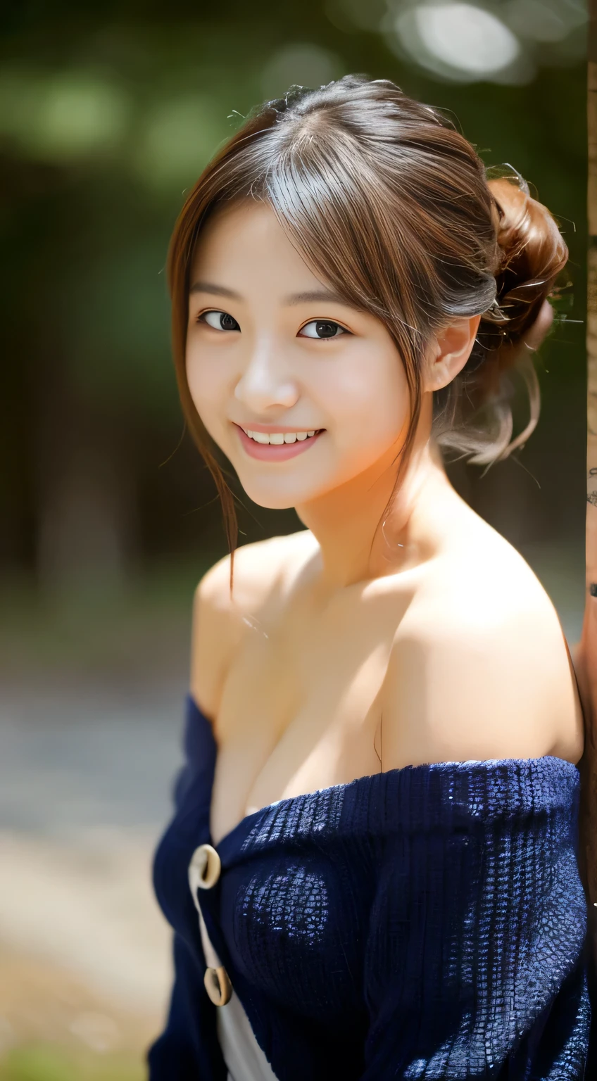masterpiece,best quality,(Japanese girl),((Beautiful girl)),cleavage,(off shoulder:1.2),(perfect body beauty:1.2),(shy smile)