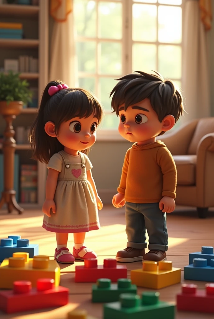 **"Lily standing beside Max, looking wistfully at the LEGO bricks, with Max looking up at her with a thoughtful expression."**