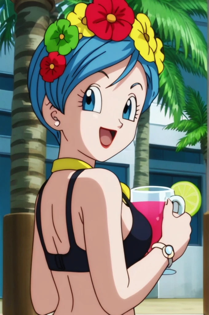 source_anime, score_9, score_8_up, score_7_up, anime screencap,8k, absurd res, 
bulma, 1girl, solo, smile, short hair, open mouth, blue eyes, jewelry, blue hair, flower, :d, earrings, tree, cup, palm tree, from behind, looking back at another, official style,
Underwear, black bra, white panty,
 