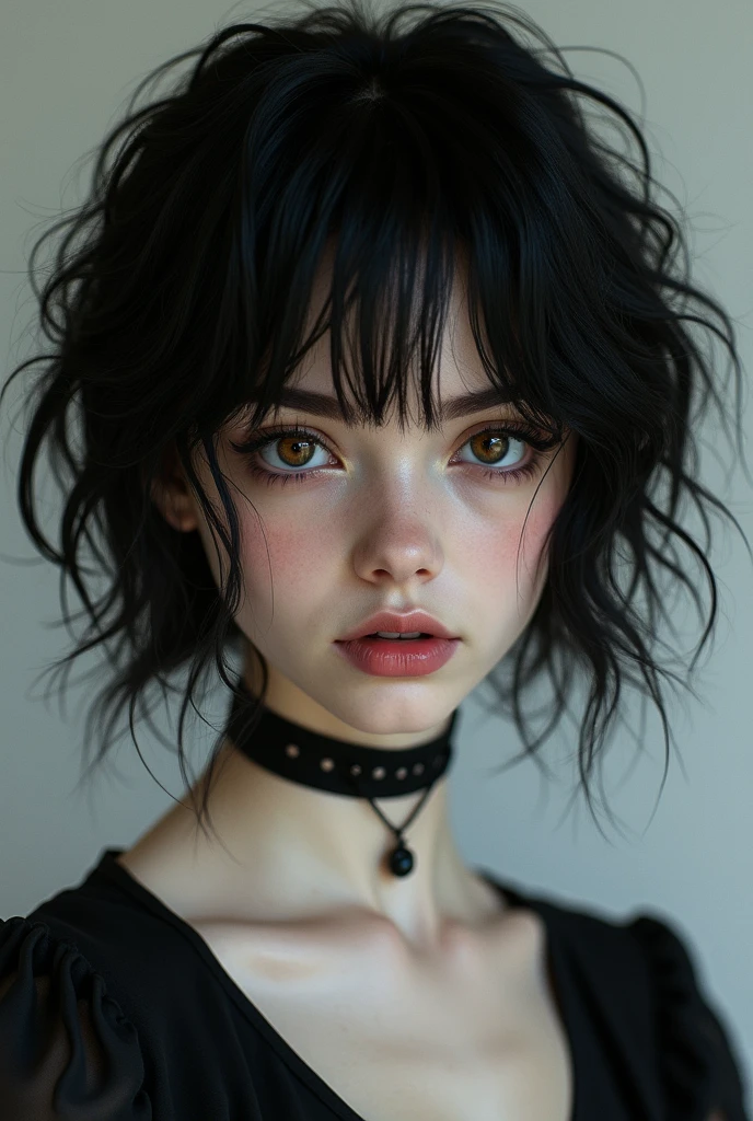 masterpiece,(best quality,top quality,8k),realistic,photorealistic,detailed eyes and face,young,18y,(1girl), brown eyes, black hair, messy hair, short hair, hair between eyes, goth, gothic, choker, (thick lips:1.2), (black dress:1.2), pretty girl, beauty skin, ultra high res, raw photo , detailed body ,(puffy eyes) ,good contrast , high sharpness,(gorgeous),realistic,RAW Photography,(hyperdetailed:1.2)