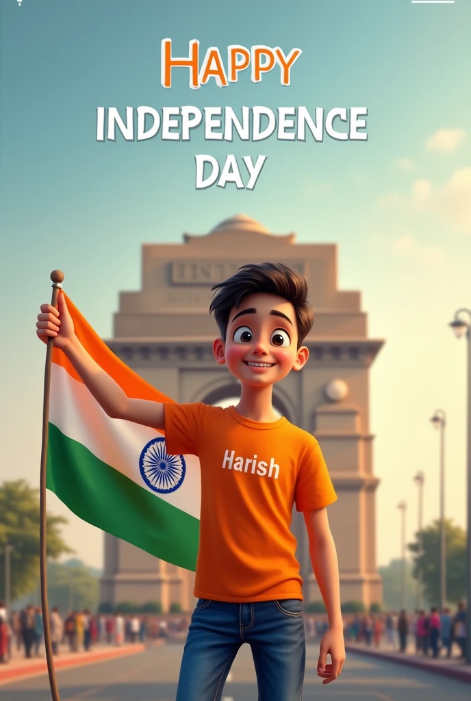 A real 20 years old boy, Wearing Orange T shirt blue jeans sneakers and the name "Harish" is written on his t-shirt and the boy is standing on the road with holding a national flag of India, and behind him is the India gate Delhi. And "Happy Independence Day 2024" written at above sky Create Realistic image high quality.