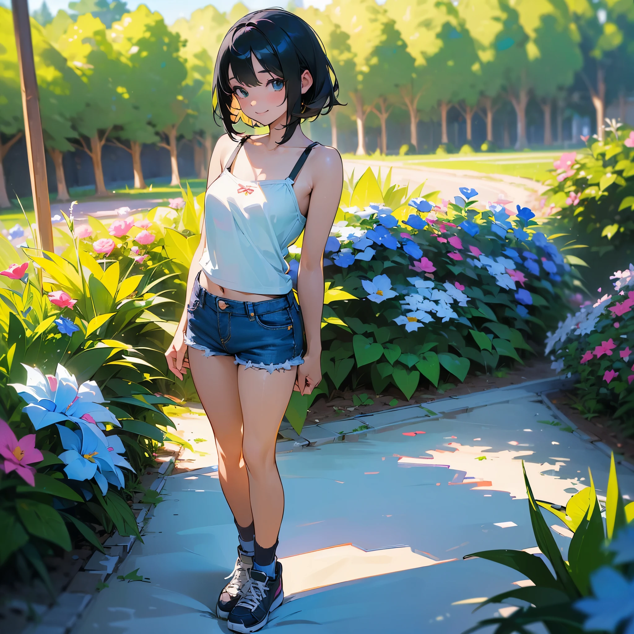 (high quality, High resolution, Very detailed, reality:1.37), Peaceful atmosphere, (Outdoor, garden), Teenage girl standing alone, (my breasts are big.), Beautiful details, Cute Smile, (Black bob hair), camisole, denim shorts, Blue socks, sneakers.