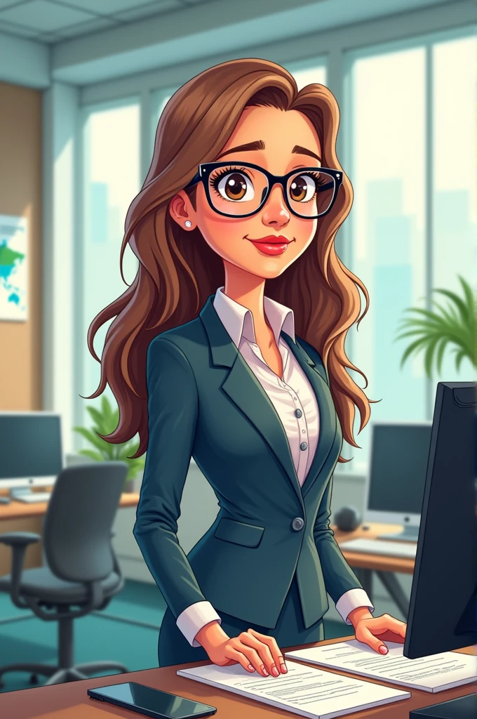 Create a cartoon of a 30-year-old woman with long, light brown hair, With glasses, light brown eyes, slightly round face and working in the area of international business administration 