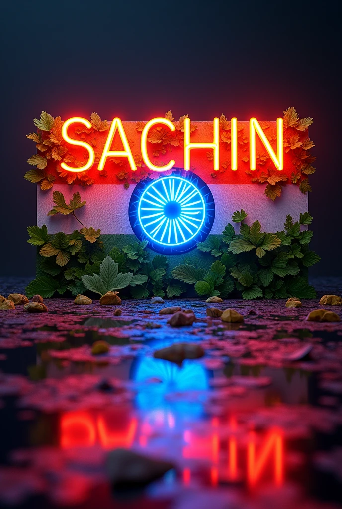A neon sign of the Indian flag with the word "SACHIN" underneath. The flag is made of leaves, and the wheel in the center is glowing blue. The sign is on a dark background, and the neon lights are reflecting off of the surface below.
