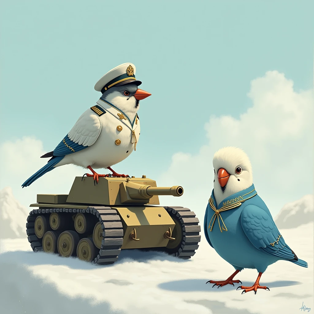 A snow bunting in a white military uniform riding a caterpillar tank and a blue budgerigar with white head and round eyes in a military uniform