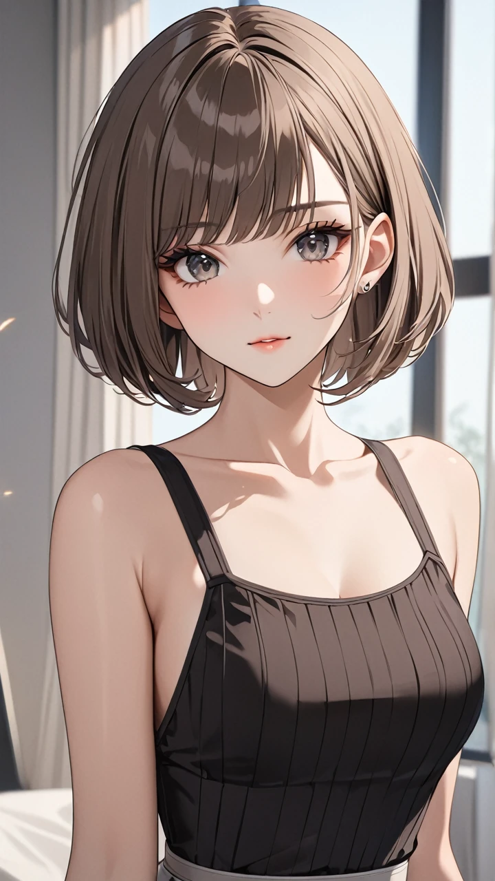 Highest quality masterpiece High resolution masterpiece Brown Bob Grey Eyes blunt cut