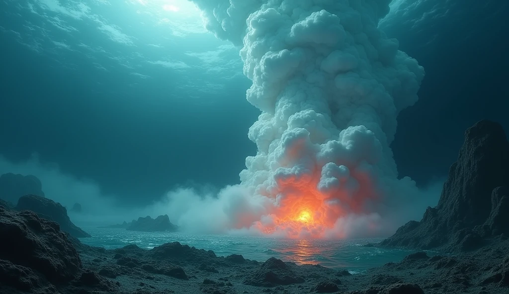 ocean floor,Undersea volcanic eruption,vapour,8K resolution