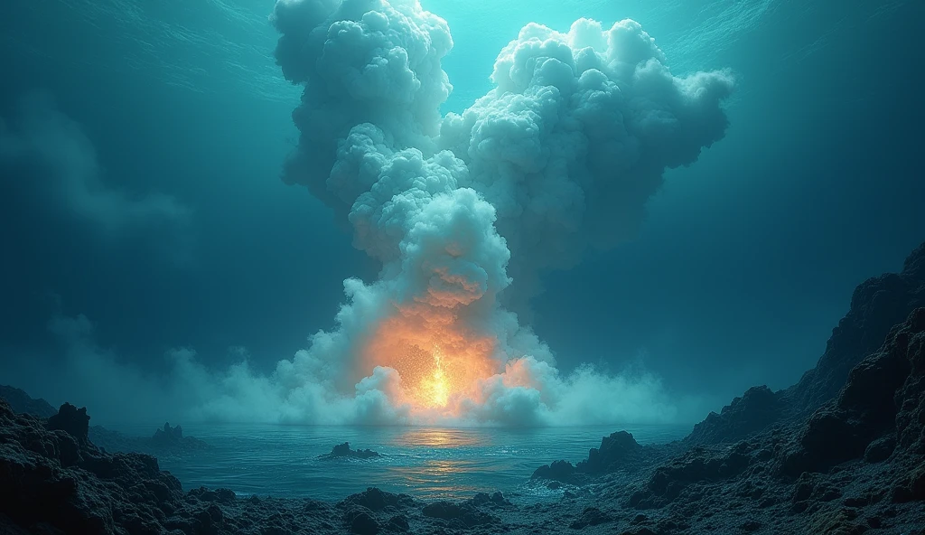 ocean floor，Undersea volcanic eruption，vapour，8K resolution