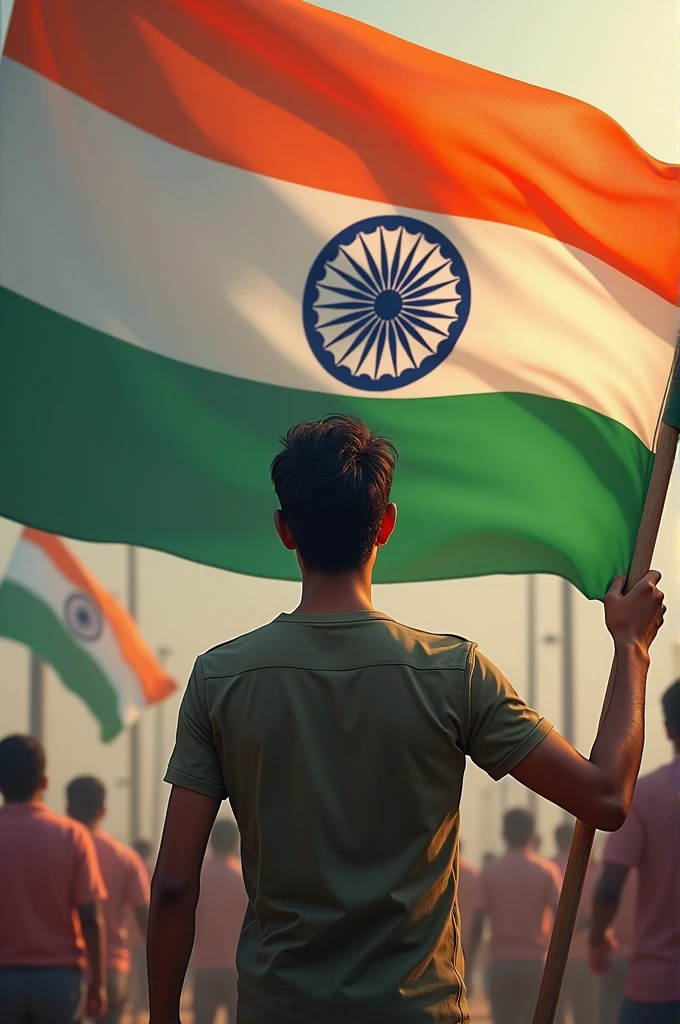 Independence Day 15th August 2024 is written on big flag of Bharat and a 25-year-old boy is standing in front of him wearing Army T-shirt, with name “aditya” written on t shirt, and holding the bharat flag in his hand, 3D art painting metallic high quality photo.