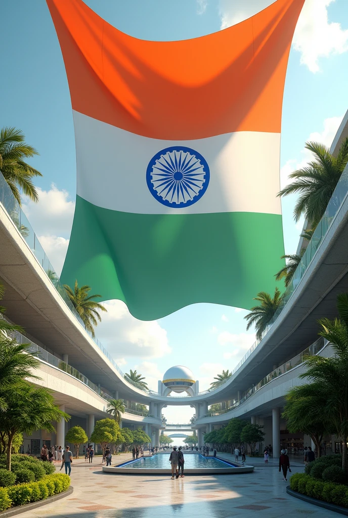 Futuristic resort with big indian flag
