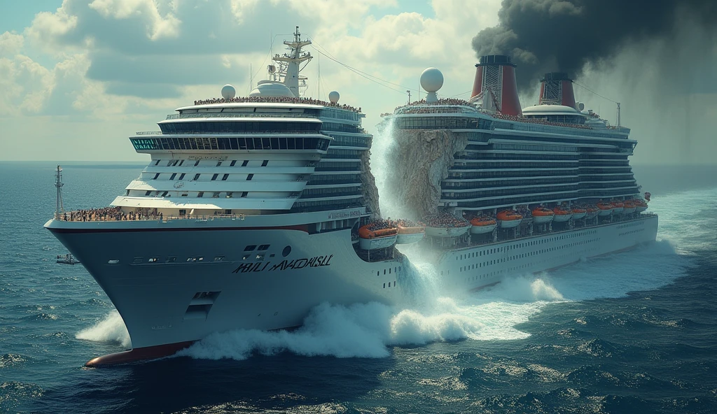 huge cruise ship in distress. The camera circles the ship as a crack forms splitting the cruise ship in half