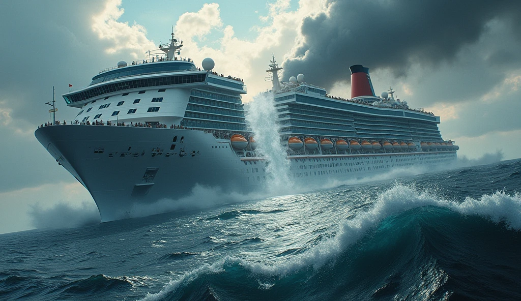 huge cruise ship in distress. The camera circles the ship as a crack forms splitting the cruise ship in half