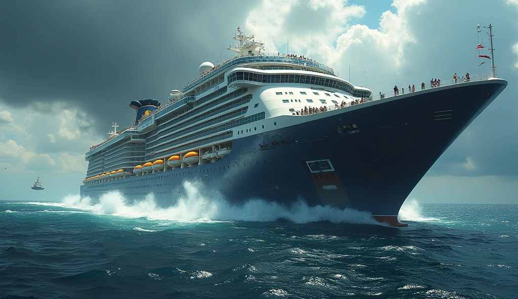 huge cruise ship in distress. The camera circles the ship as a crack forms splitting the cruise ship in half