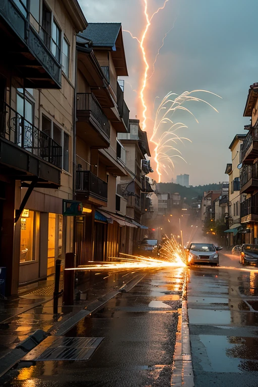 ((best quality)), ((masterpiece)), (detailed), perfect ,Bombs rain down on the residential area,Flying sparks,Flying pieces of wood,Collapsing houses,People on the Run