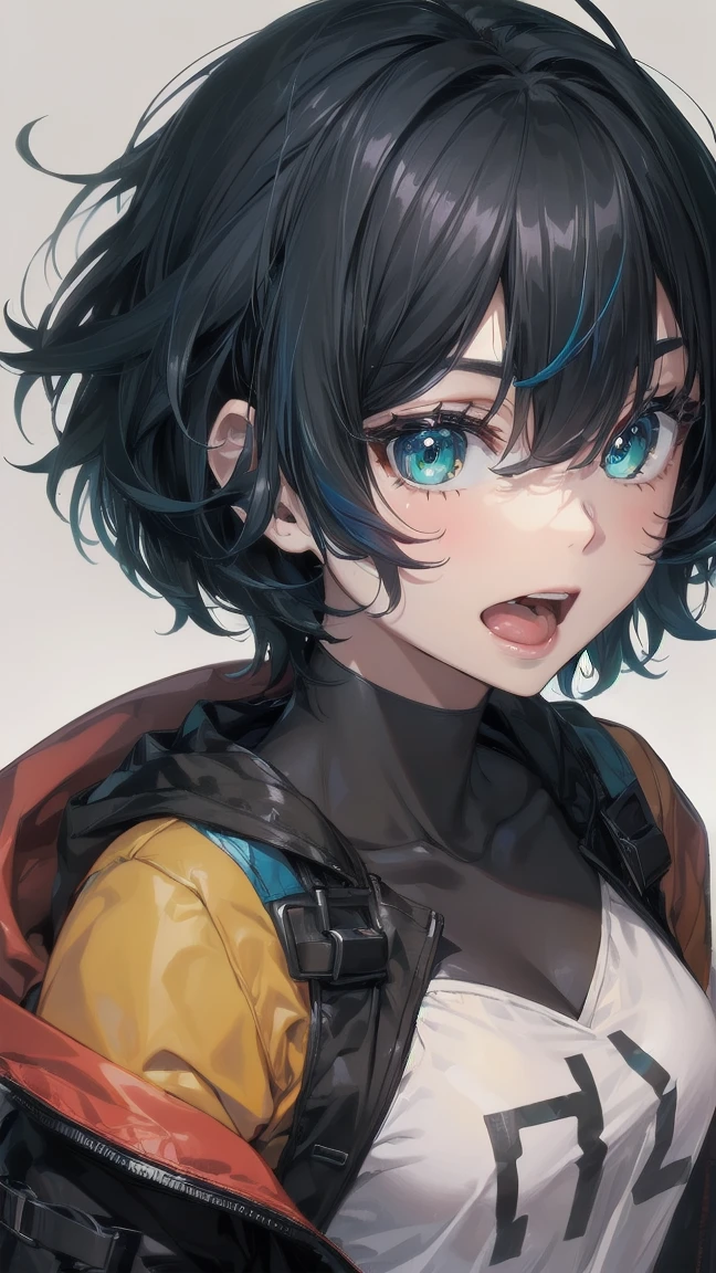 A close-up shot of a girl from a manga, with blue hair and a yellow shirt., 2D Animation, 2D Animation style, 2D Art, 2D Art, 2D from Gorillaz, 2D from Gorillaz, 2D Gorillaz, Screaming Cerket, 2D Sprite, Jinx Face, short hair, hot pants, Small breasts, ((Black Hair, Inner bright blue hair:1.4))