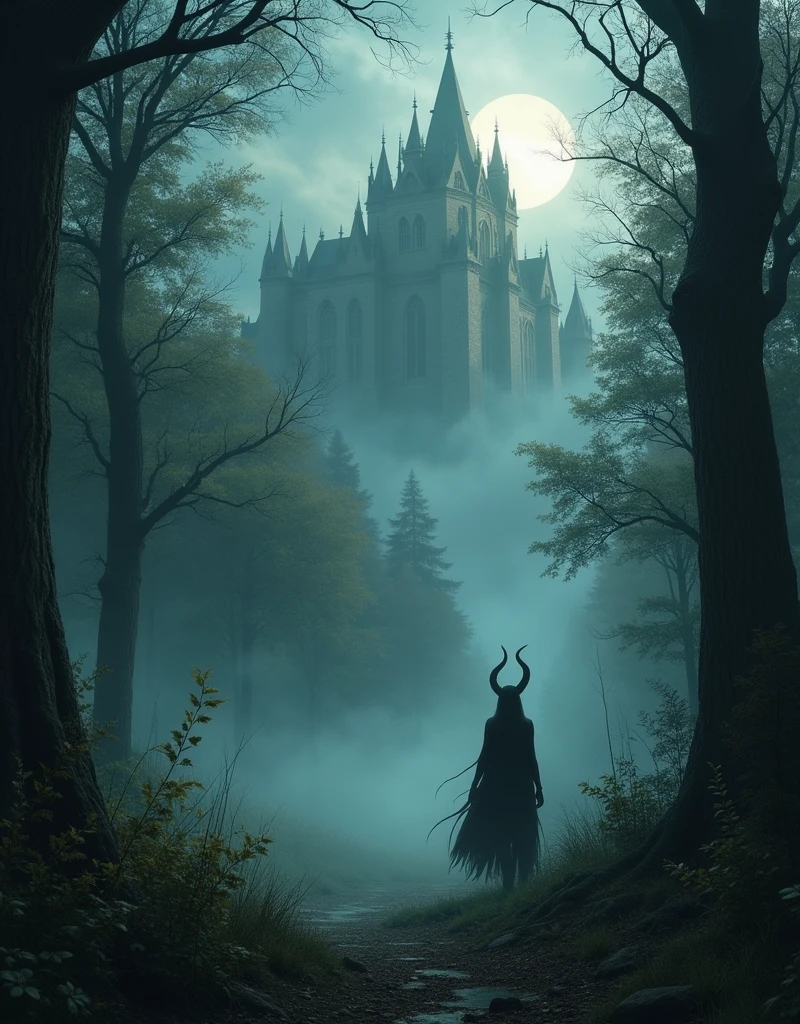 A mysterious and alluring forest shrouded in thick fog、A glimpse of a female demon looking this way can be faintly seen deep within the forest.、Gothic castle in the background、Highly detailed and realistic cinematic lighting、Dramatic atmosphere、Moody colors、Intricate details、Painterly style