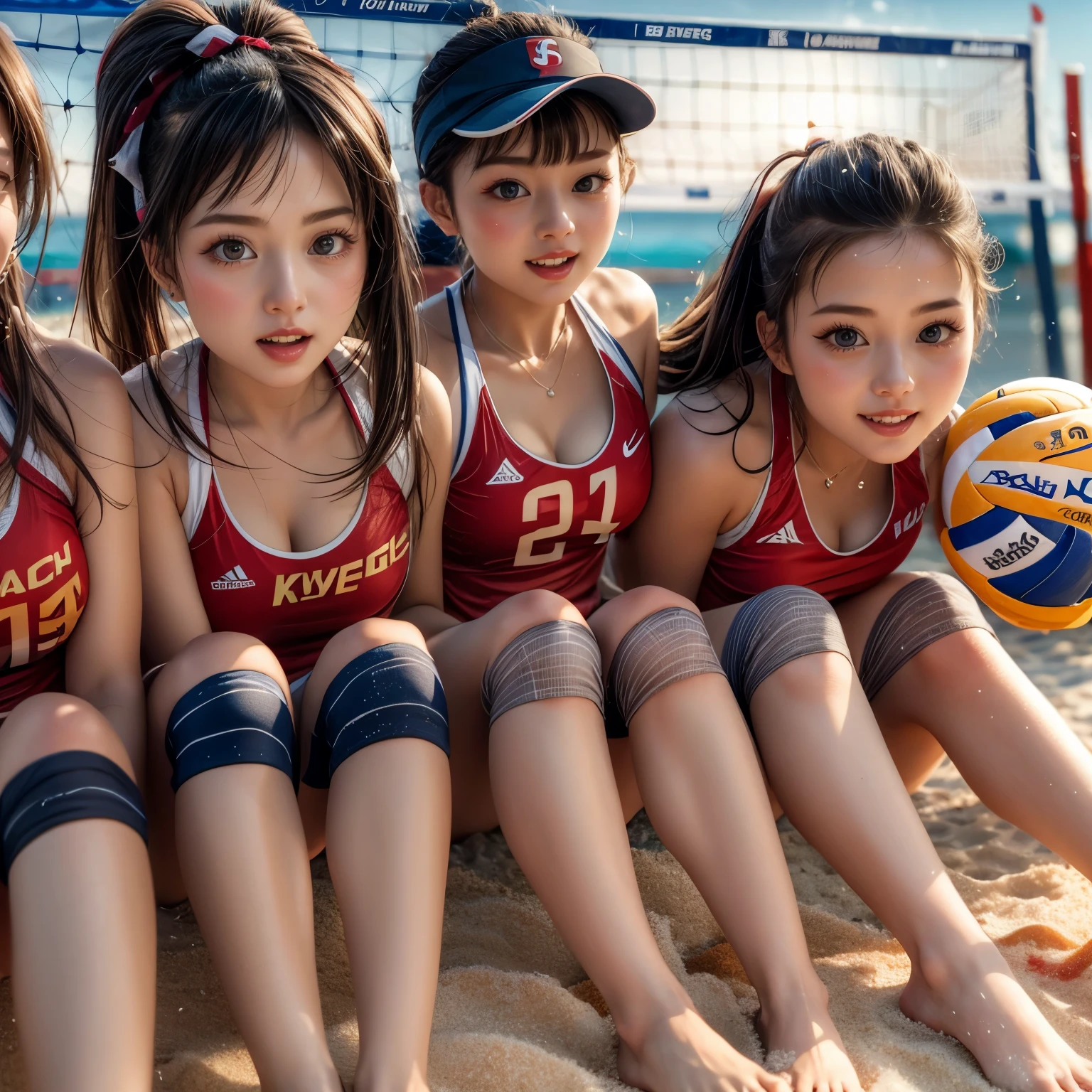 ExtremelyDetailed (((Beach Volleyball Team Kawaii Girls in a row:1.4))), Childish perfect face, Reflective Eyes, Detailed(Delicate Clothing textures), Corrected Leg to Foot Line, Corrected Perfect Hand, Dynamic Joyful Expressions LifeLike Rendering, (Specular Reflection:0.5), TopQuality 8K Ultra-detailed masterpiece (ProfessionalPhoto:1.37), (Acutance:0.8), (Luminism:1.28), [Exposed Under boob], from side